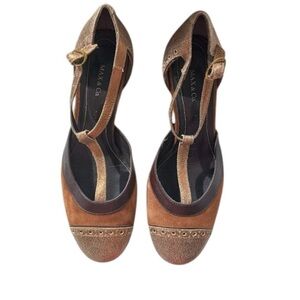 Max&Co Women's Brown/Tan Suede T-Strap Heels Size 36 EU